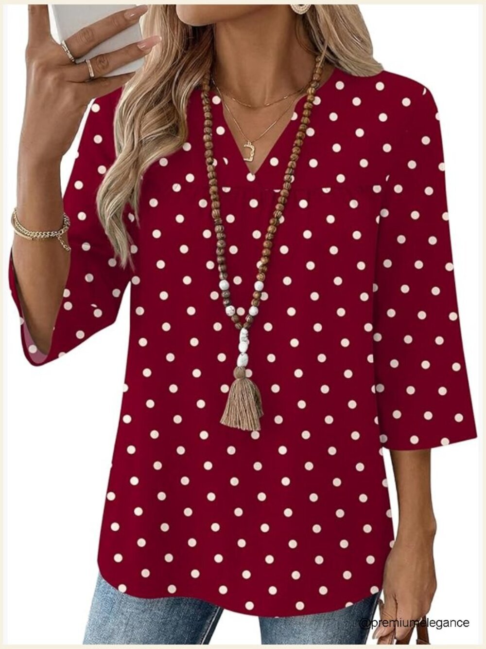 3/4 Sleeve V Neck Boho Pleated Blouse Tunics Dressy Casual Loose Fit Tops